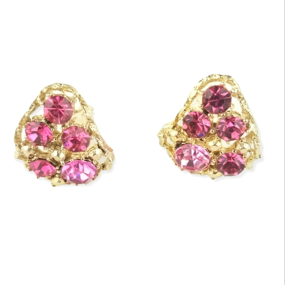 Vintage Weiss Pink Rhinestone Clip Earrings EVC - Picture 3 of 7